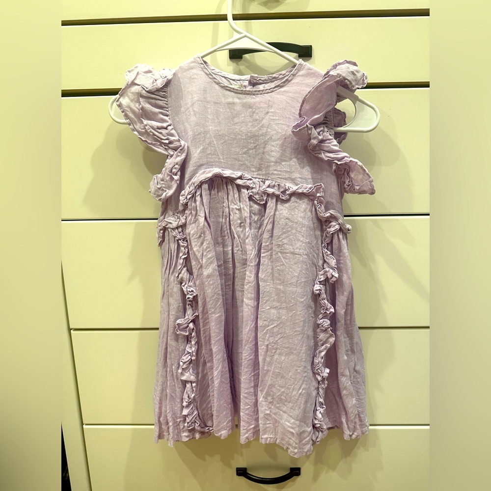Yellow Pelota 100% linen Charming Lavender Ruffle Kids Dress. Size 5. EUC
